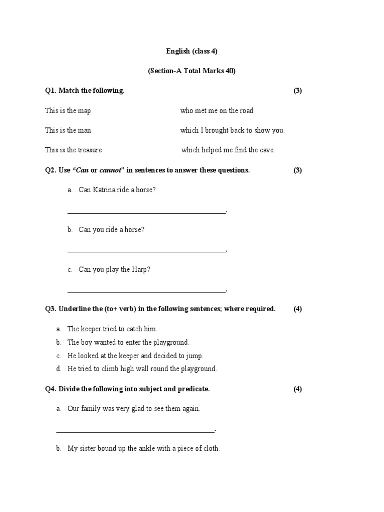 Class 4 English Exam Practice Paper | PDF | Linguistic Typology ...
