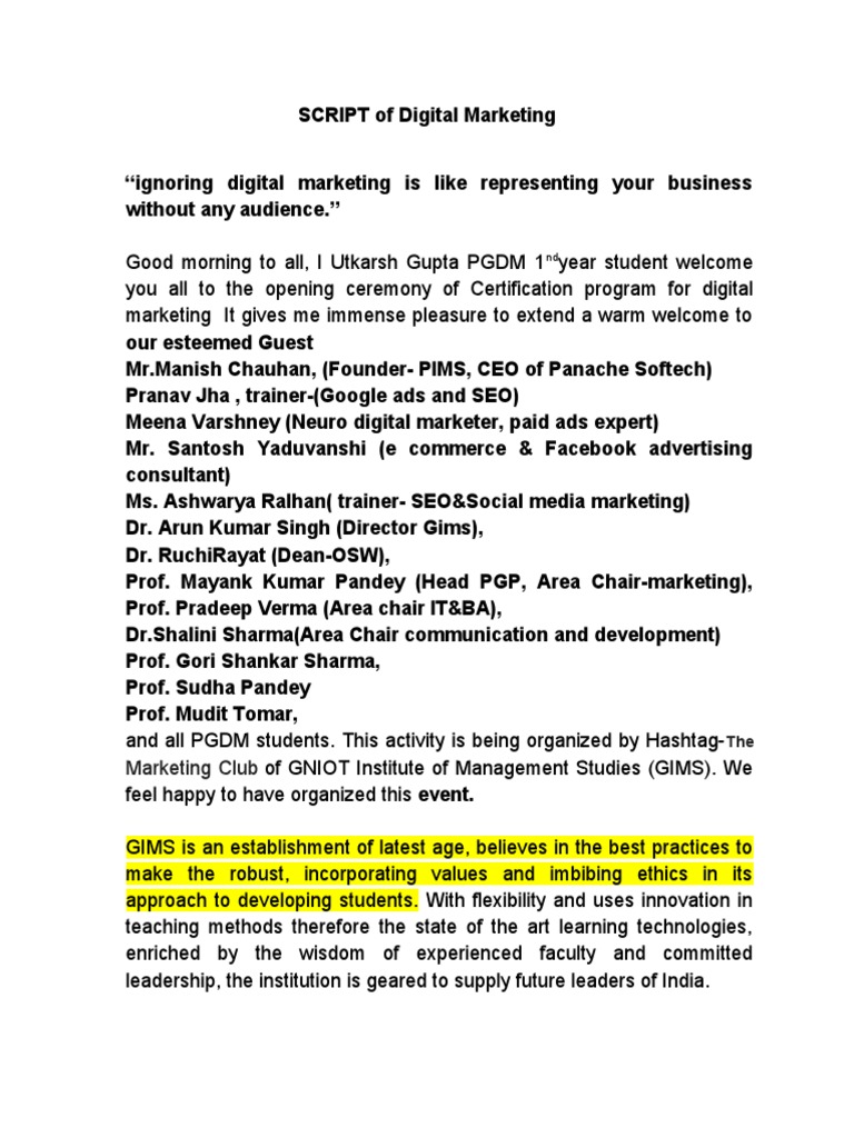 Digital Marketing Certification Program Opening Ceremony: Script and