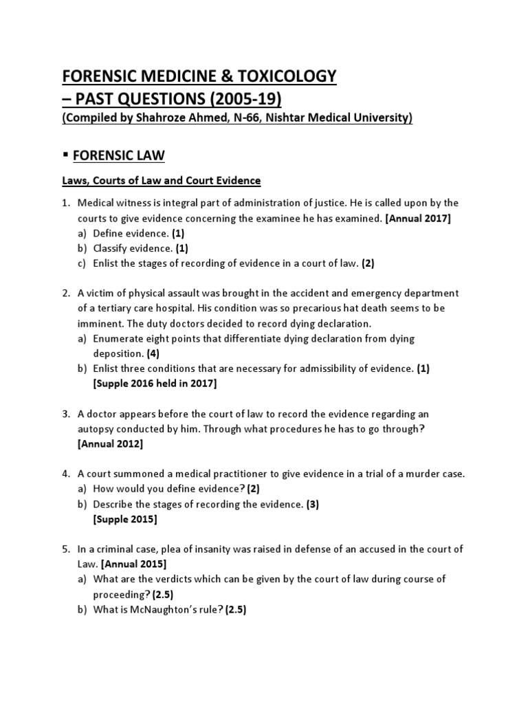 Forensic Medicine Past Exam Questions | PDF | Autopsy | Fingerprint