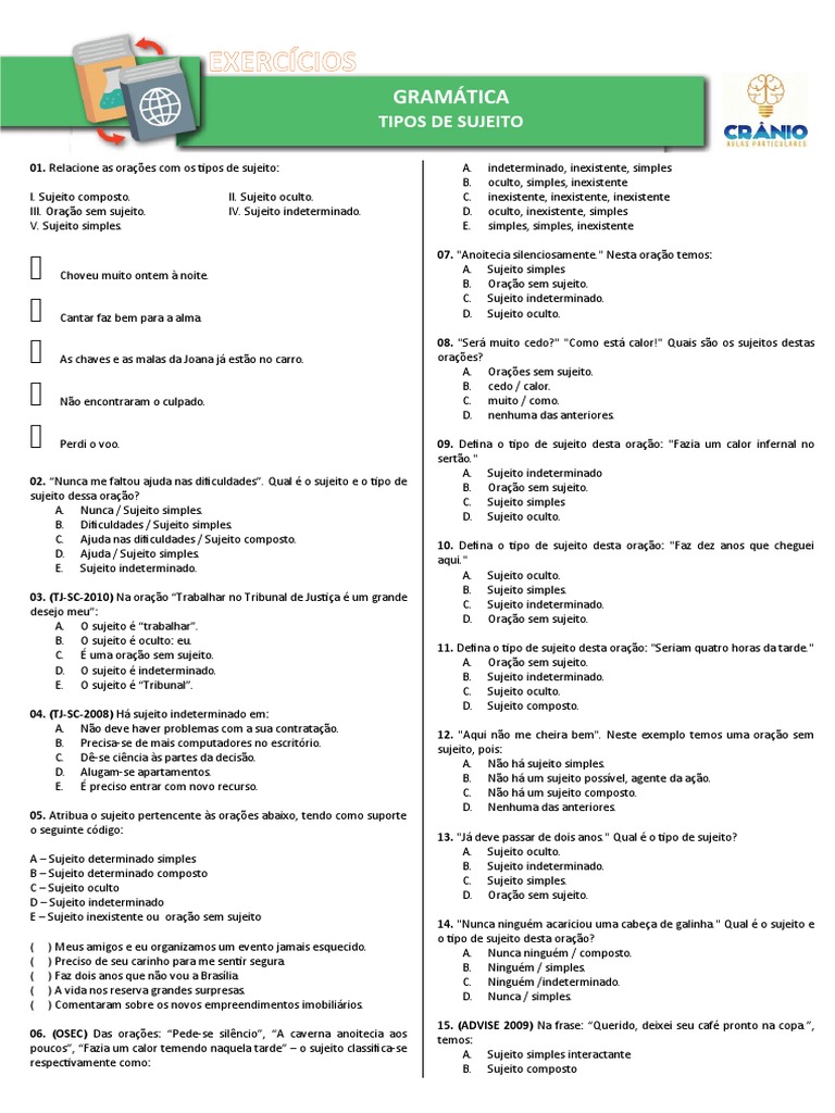 TIPOS DE SUJEITO - EXERCÍCIOS | PDF | Assunto (gramática)
