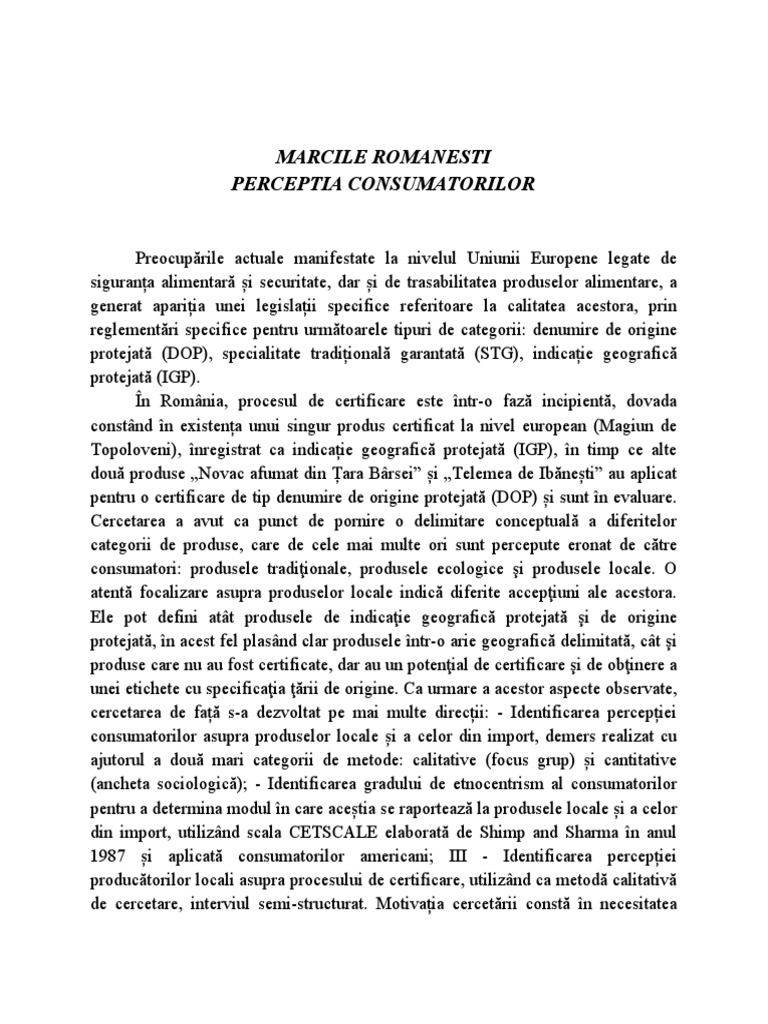 Marcile Romanesti, Perceptia Consumatorilor | PDF