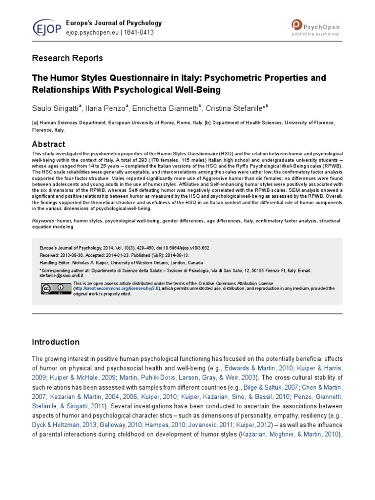 The Humor Styles Questionnaire in Italy: Psychometric Properties and ...