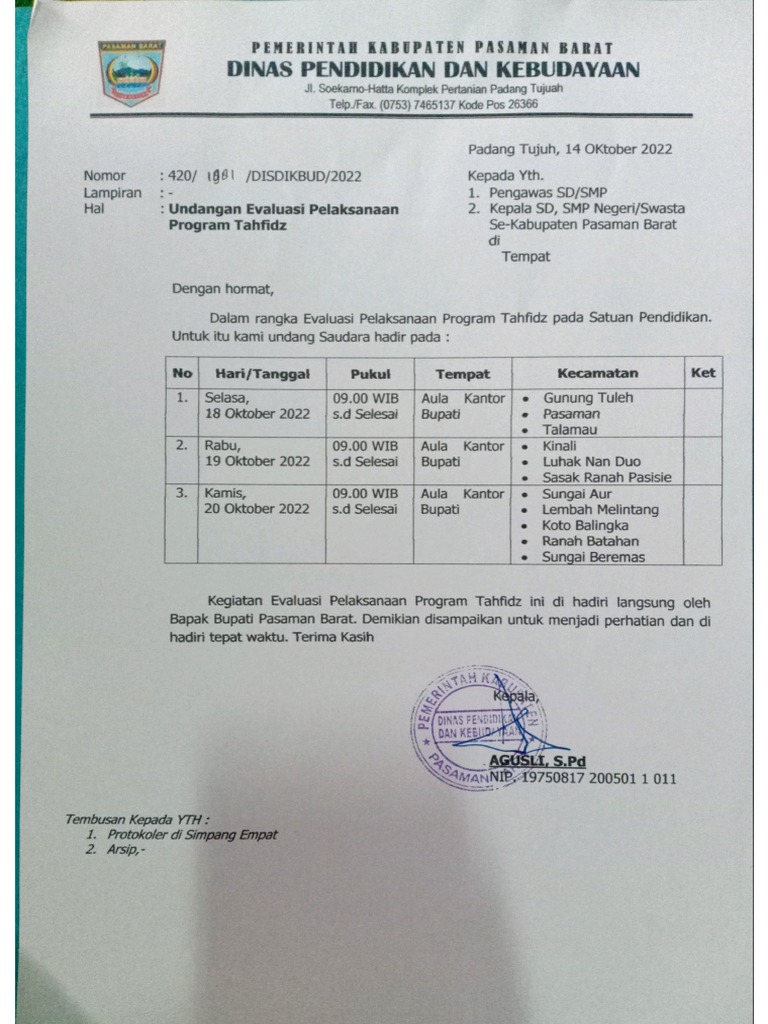 Surat Undangan Evaluasi Tahfizh | PDF
