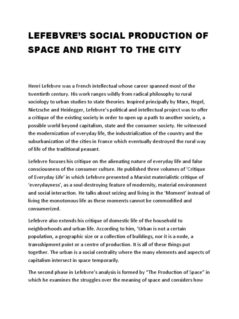 Lefebvre's Critique of Everyday Life and Right to the City PDF
