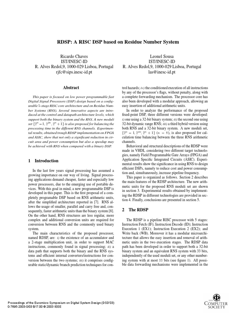 Rdsp A Risc Dsp Based On Residue Number System Pdf Central