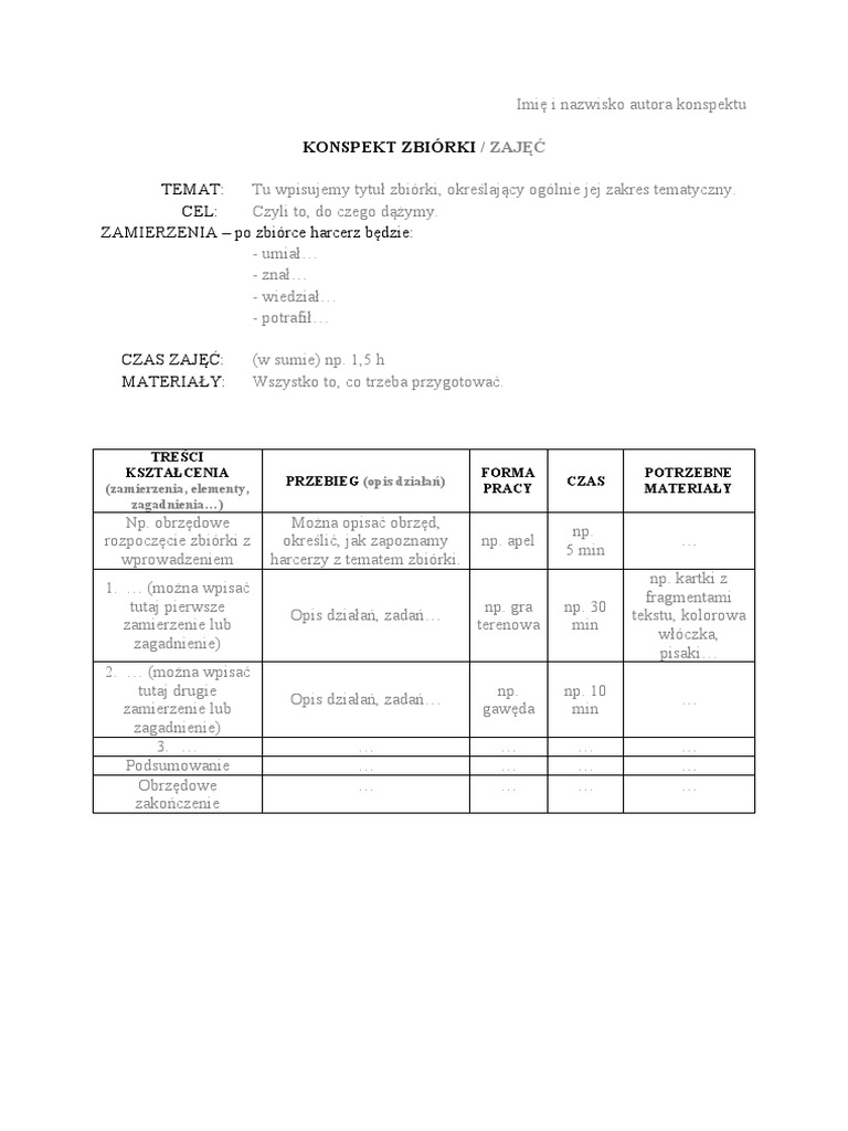 Przykladowy Konspekt Zbiorki Harcerskiej Do Edycji | PDF