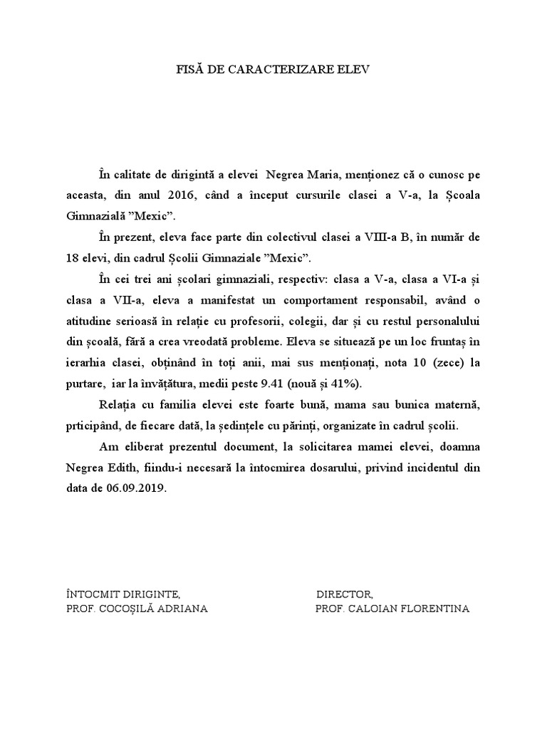 Fisa de Caracterizare Elev | PDF