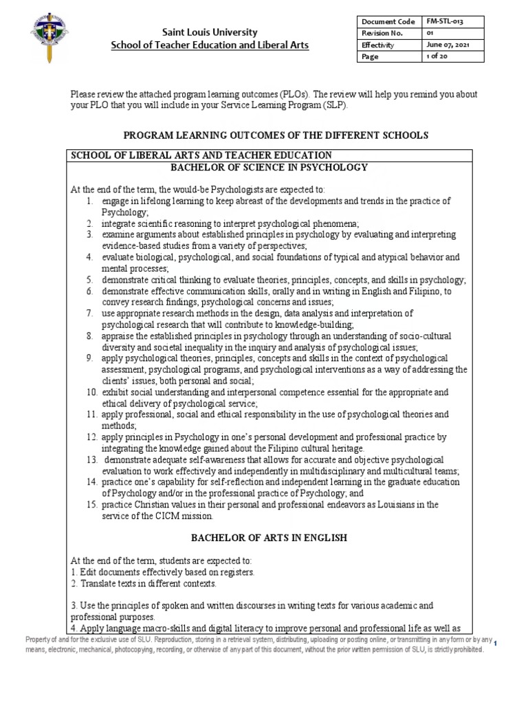 Program Learning Outcomes Examples