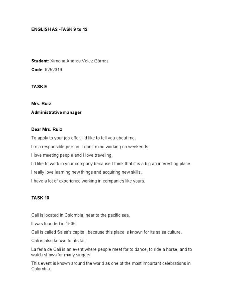 ENGLISH A2 - TASK 5 To 8 Ximena Velez 9252319 | PDF | Cooking, Food ...