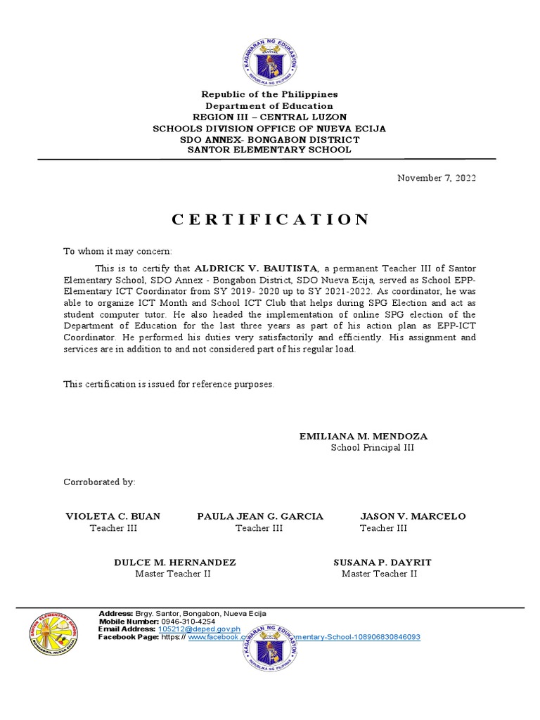 Certification of ICT Coordinator Duties | PDF | Educational Technology ...