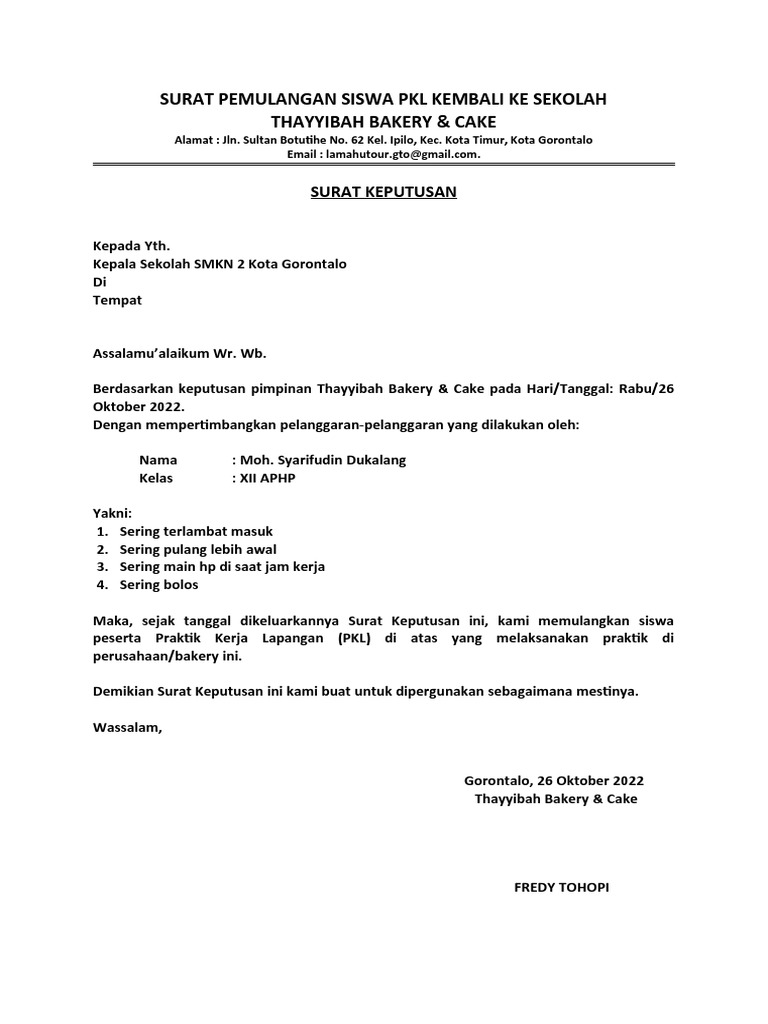 Surat Rekomendasi Anak PKL SMK | PDF