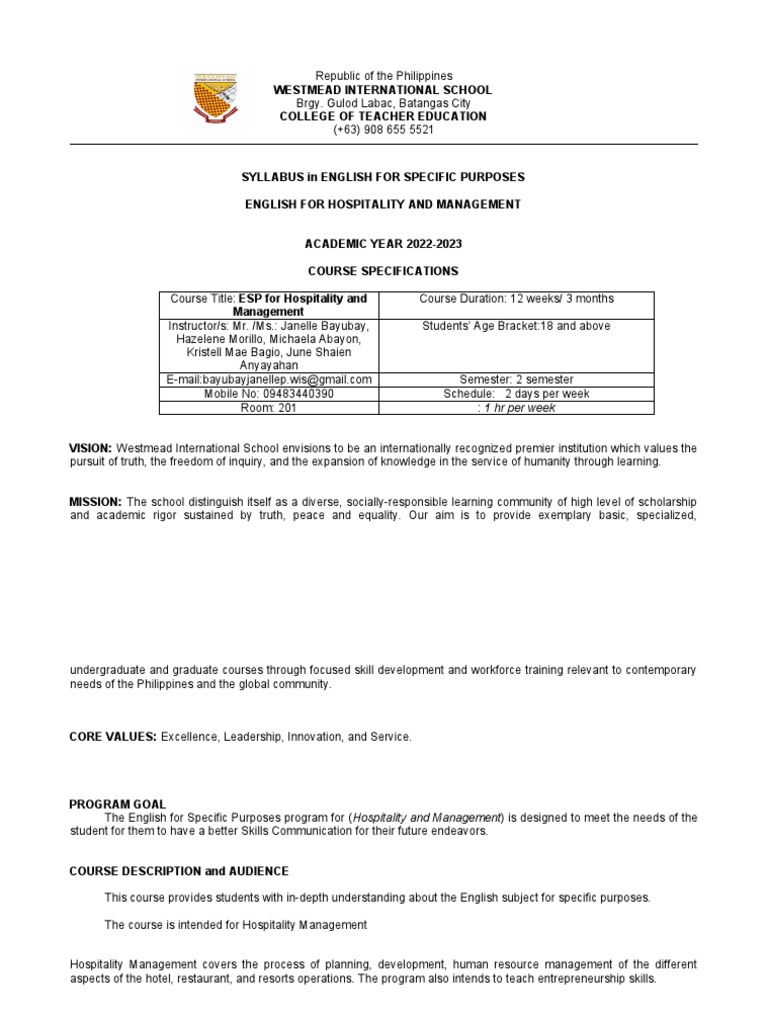 ESP Course for Hospitality Management | PDF