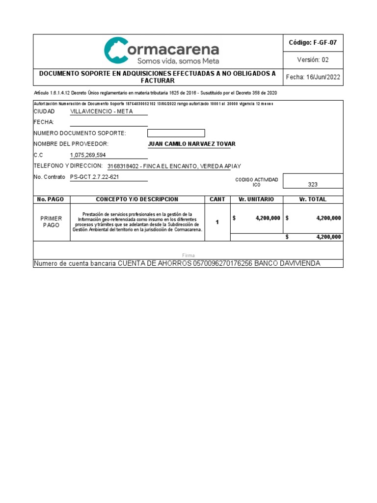 F-gf-07 Documento Soporte en Adquisiciones Efectuadas A No Obligados A ...