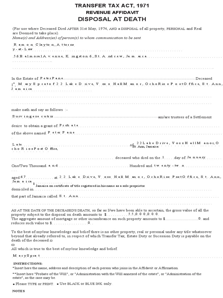 Revenue Affidavit Jamaica | PDF | Inheritance Tax | Law And Economics