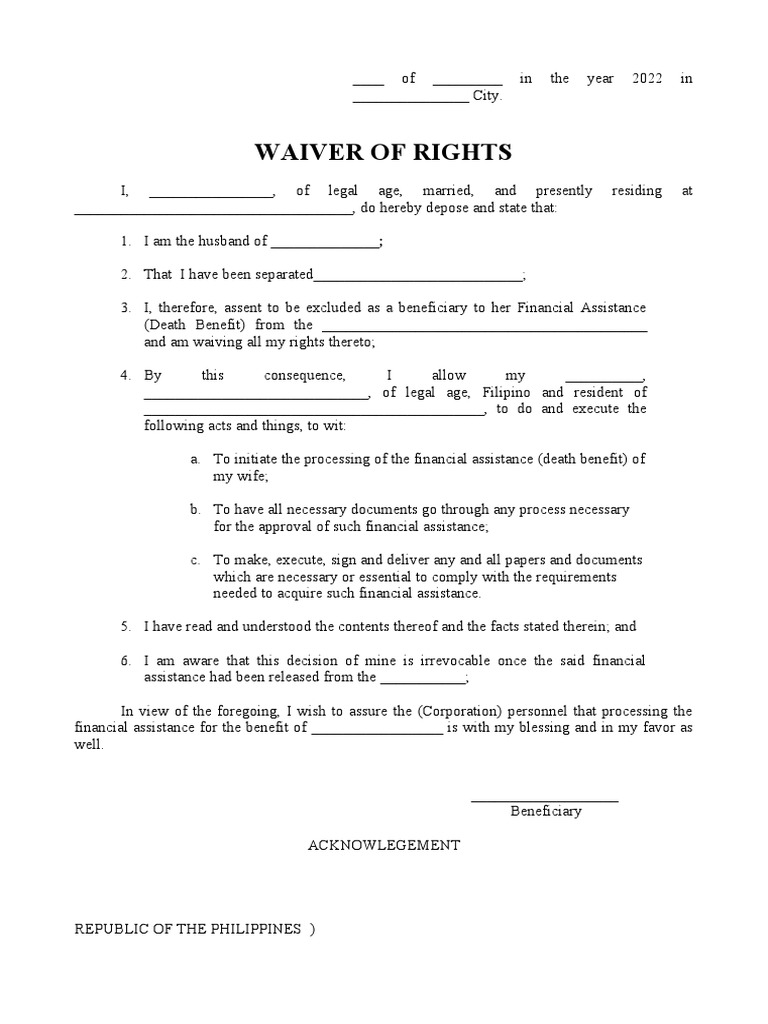 Waiver of Rights With Acknowledgment PDF Notary Public Civil Law
