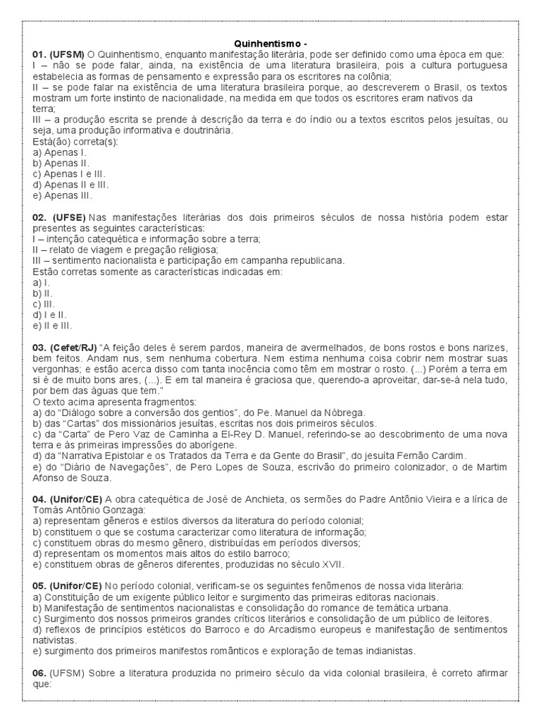 Questões e Exercícios sobre Quinhentismo | PDF | Sociedade de Jesus ...