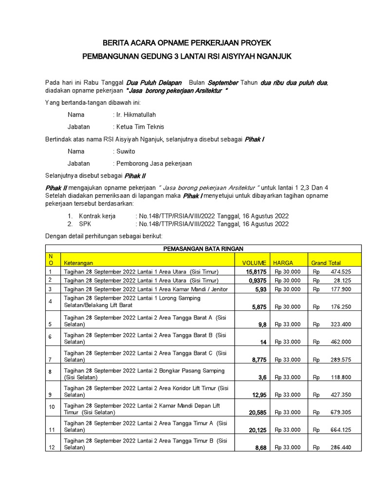 Opname Proyek Gedung RSI Aisyiyah Nganjuk | PDF