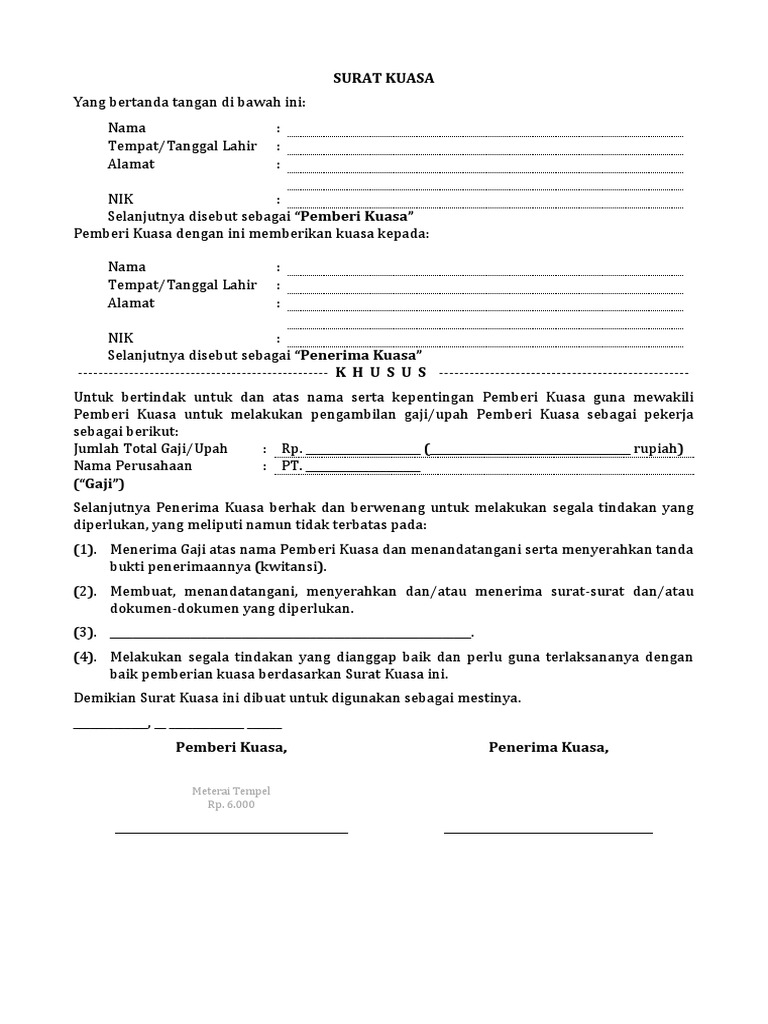 Surat Kuasa Mengambil Gaji Karyawan | PDF