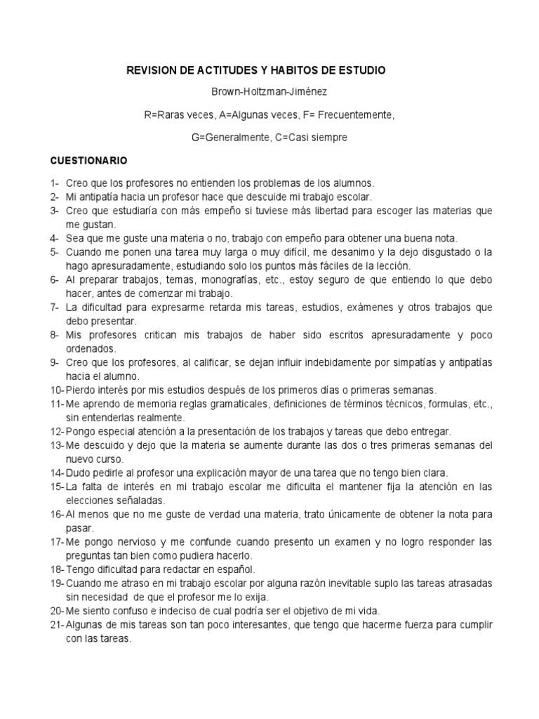 Cuestionario Del Test de Habitos de Estudio | PDF | Prueba (evaluación)