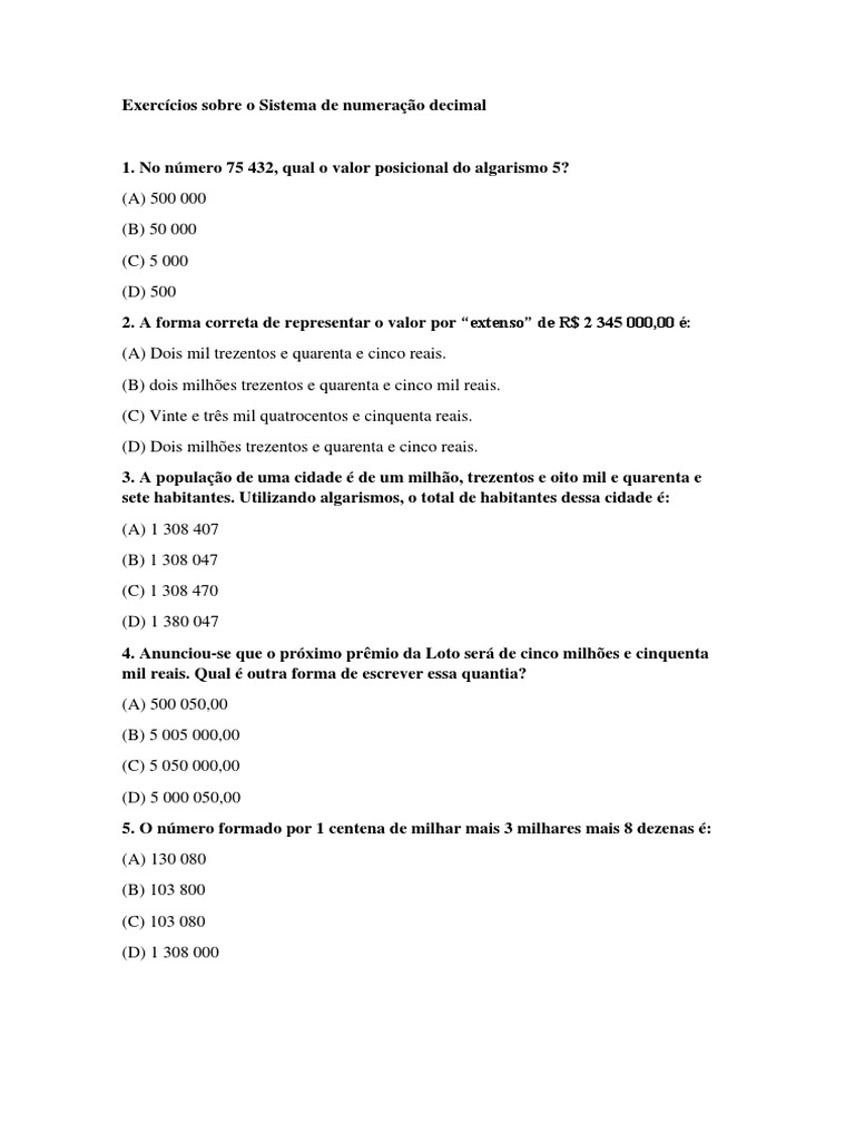 Exercícios Sobre o Sistema de Numeração Decimal | PDF