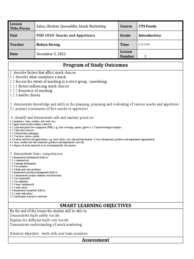 December 5 2022 Snacks and Appetizers Lesson 2 PDF Sanitation Foods