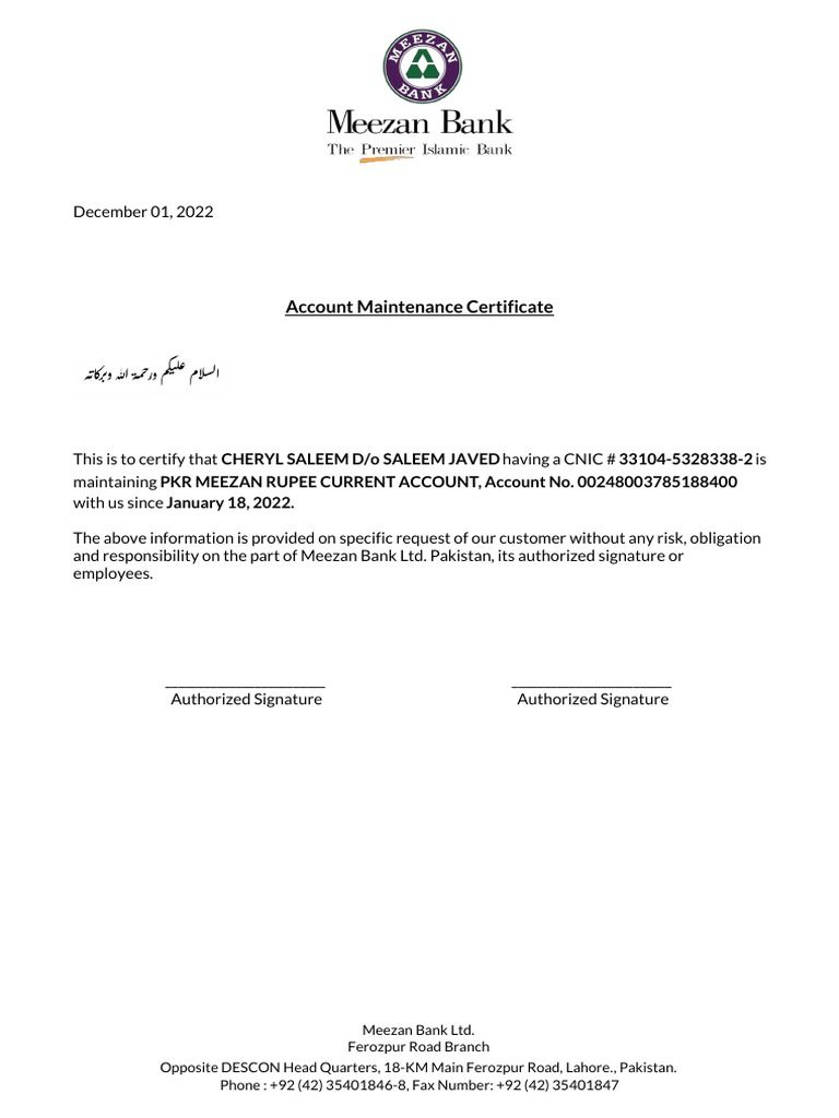 Meezan Bank Account Maintenance Certificate | PDF | Finance & Money ...