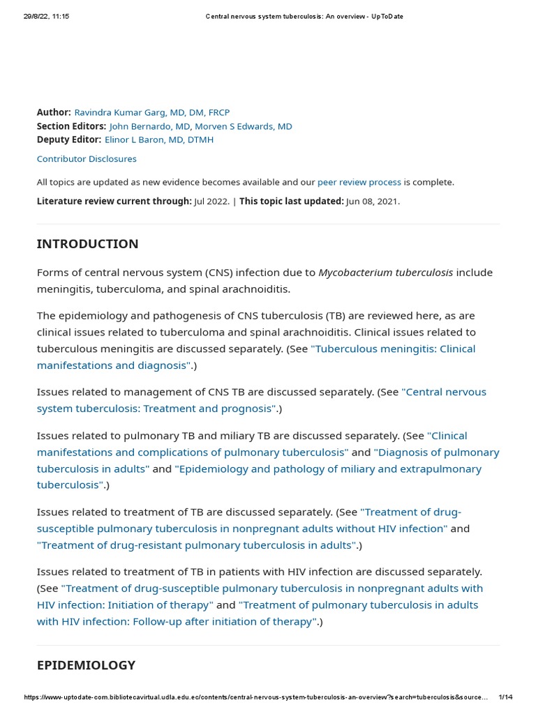 Central Nervous System Tuberculosis An Overview UpToDate PDF