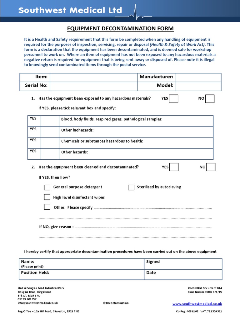 Decontamination Form PDF Sterilization (Microbiology) Safety