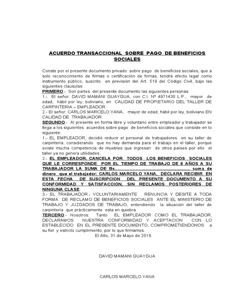 Acuerdo transaccional pago de beneficios sociales pdf