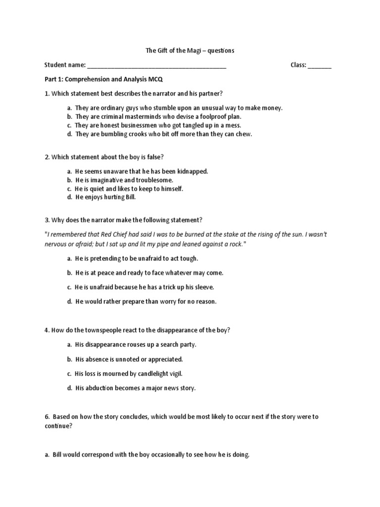 The Gift of the Magi questions PDF Irony