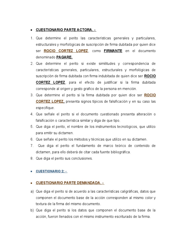 Cuestionario para Parte Actora y Demandada | PDF | Derecho | Estudios ...