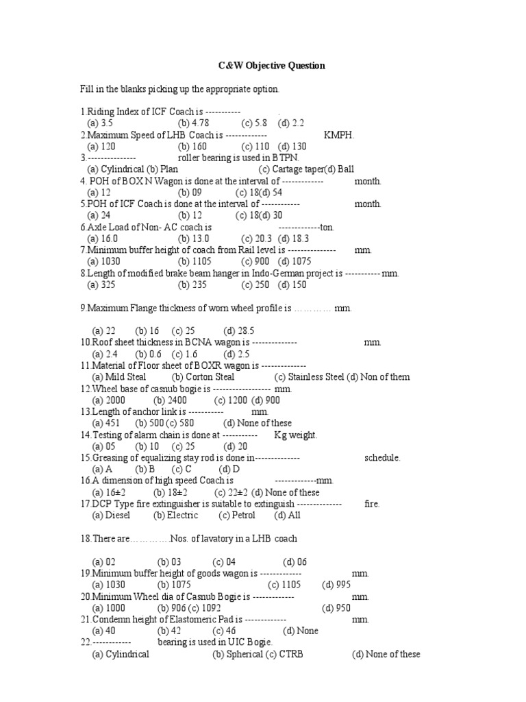 C&W Objective Question Bank | PDF | Vehicle Technology | Rail Transport