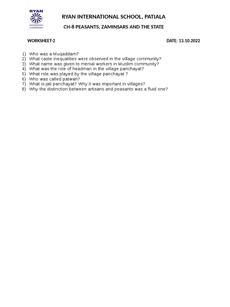 Ch8 Peasants zamindars state Worksheet2_ic202651 PDF