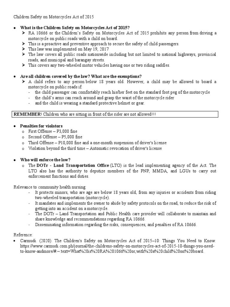 Children Safety On Motorcycles Act of 2015 PDF Motorcycle Safety