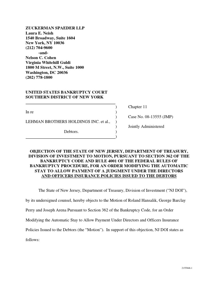 Objection of new jersey department of treasury bankruptcy in the
