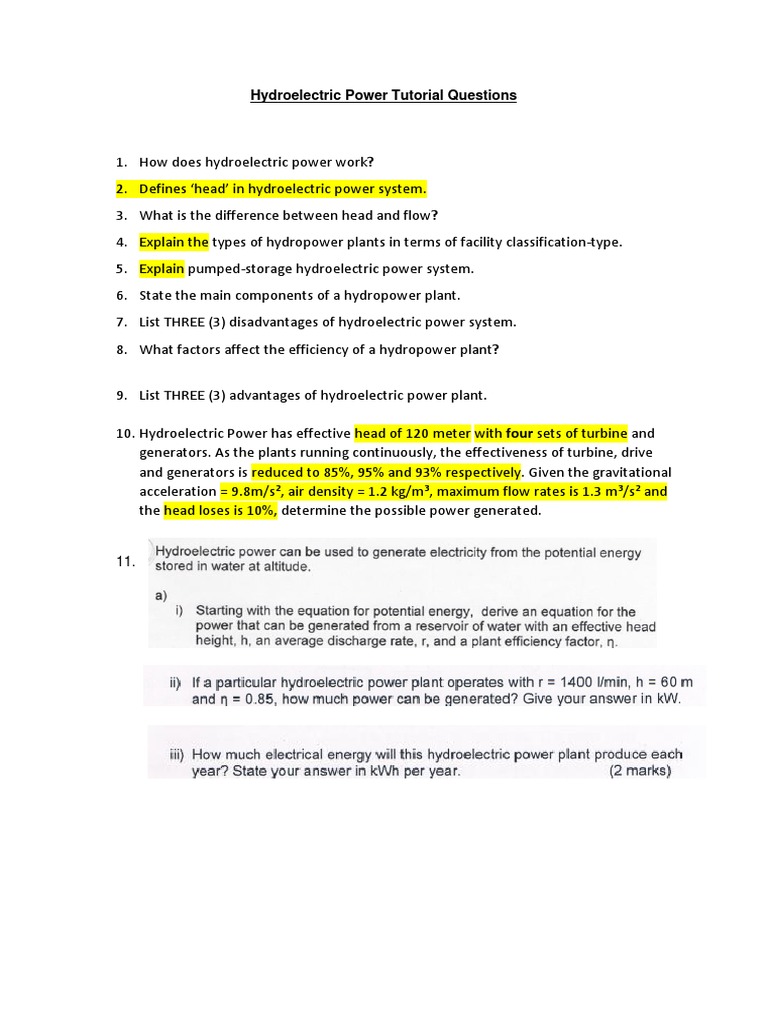 Hydroelectric Power Tutorial Question Updated Answer Pdf