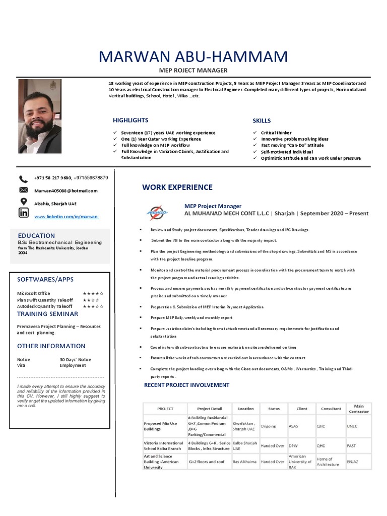 MEP Project Manager Profile and Experience | PDF | Engineering | Business