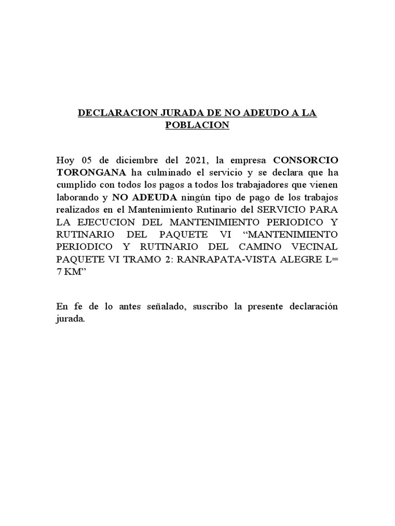 Declaracion Jurada de No Adeudo | PDF | Finanzas y dinero | Hogar ...