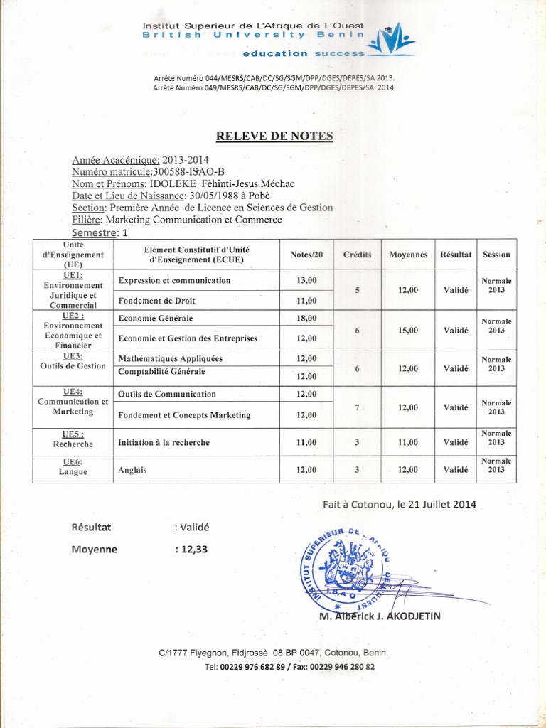 Relevé de Notes 2013-2014 | PDF | Science | Business