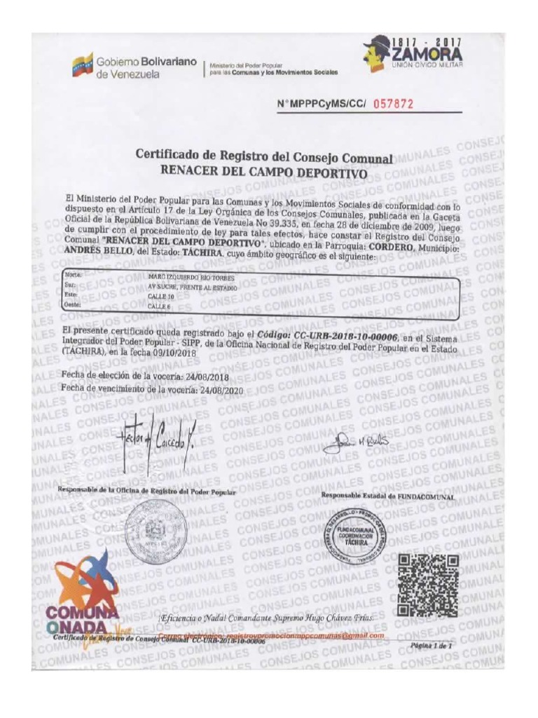 Certificado De Registro Consejo Comunal Pdf