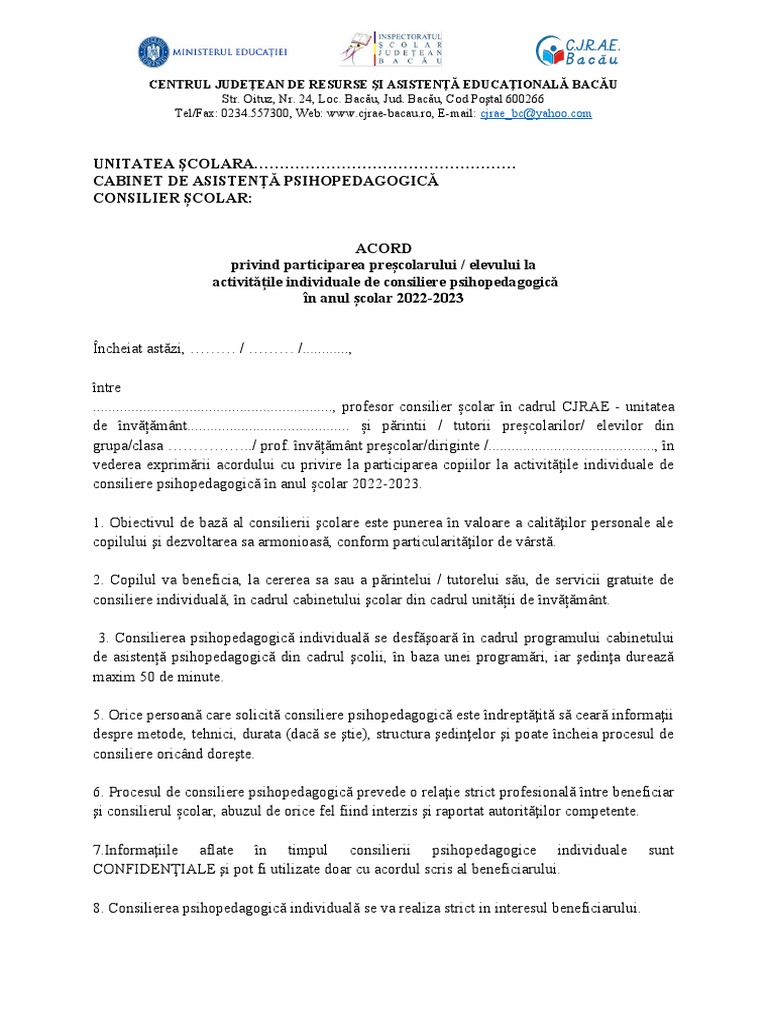 Model Acord Parinti - Consiliere Individuala | PDF