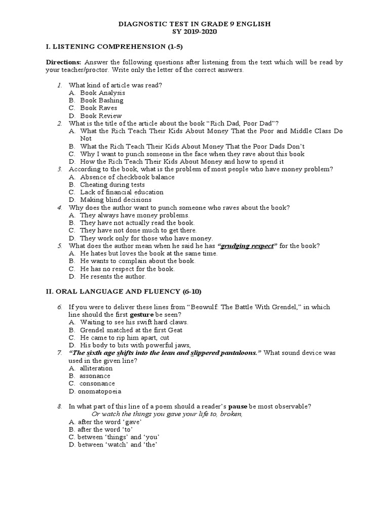 Grade 9 English Diagnostic Test | PDF | Ellipsis | Cherry