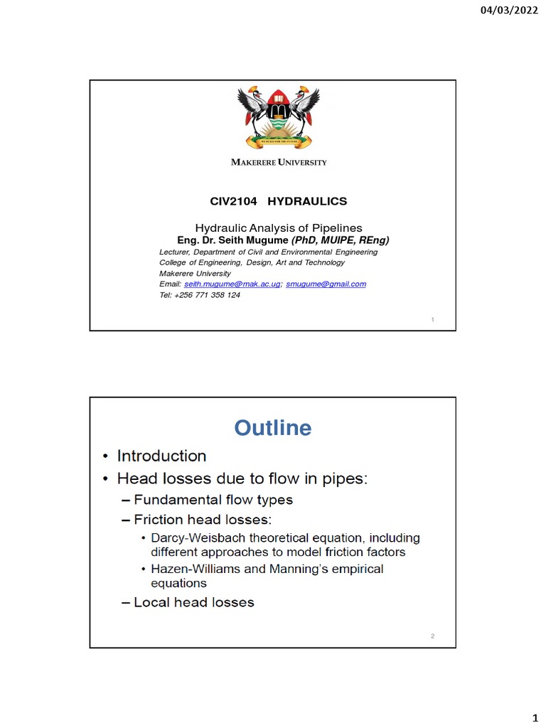Lecture 1 Hydraulic Analysis of Pipelines 2022 PDF Reynolds
