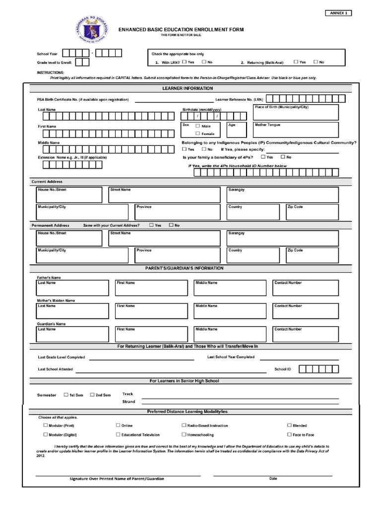 Enhanced Basic Education Enrollment Form (Ebeef) Sy 2022-2023 | PDF