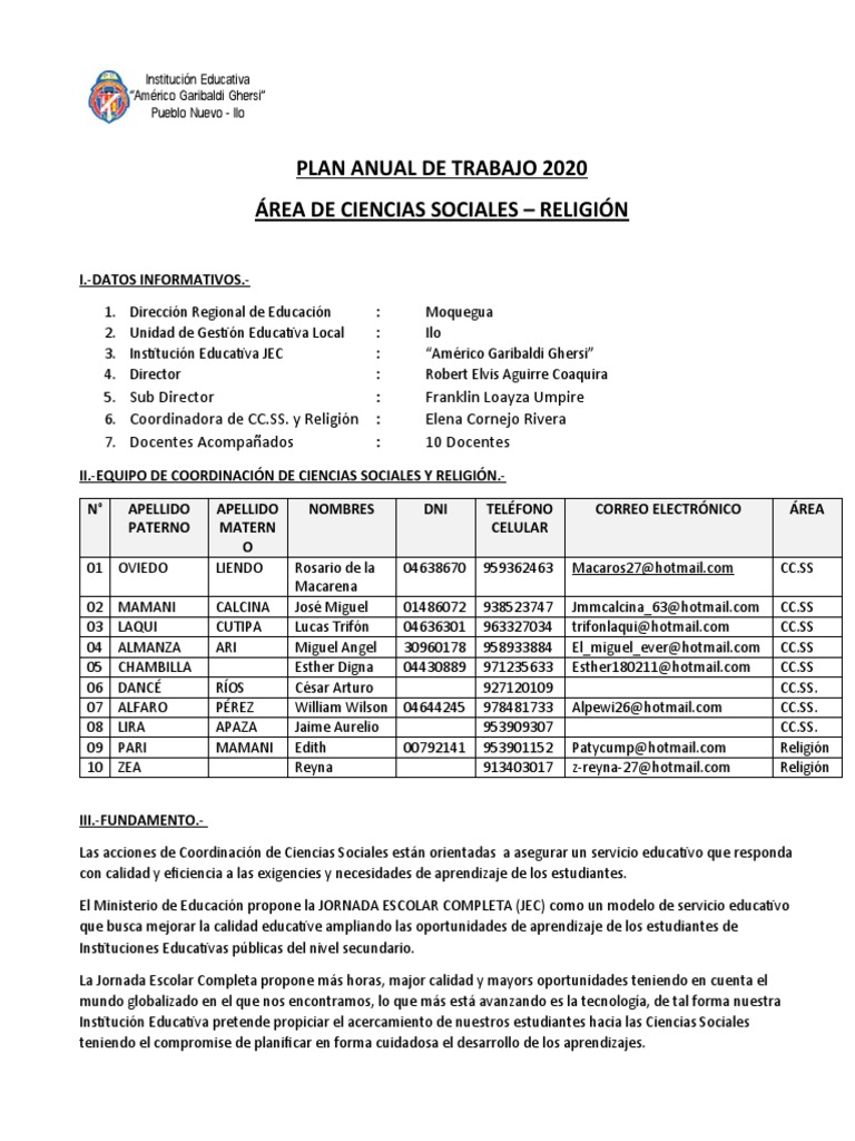 Plan Anual de Trabajo 2020 - Ciencias Sociales | PDF | Pedagogía ...