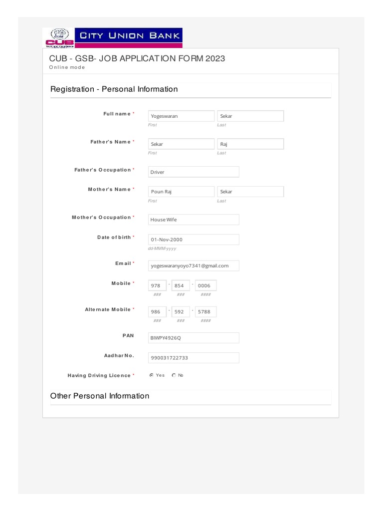 CUB GSB Job Application Form 2023 | PDF