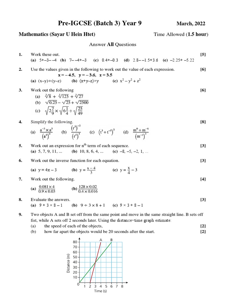 Year 9 Pre-IGCSE Math Practice Test | PDF | Speed | Mathematics
