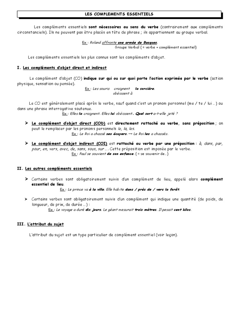 Compléments Essentiels du Verbe | PDF