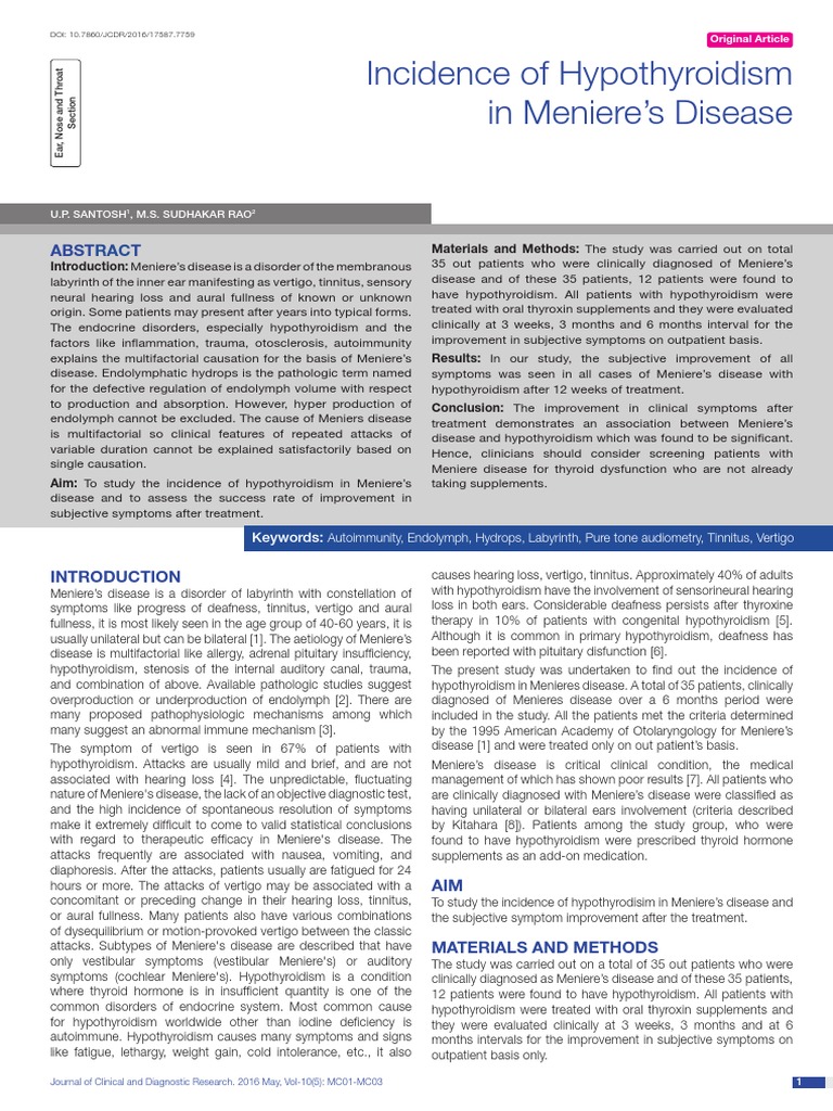 Ncbi Thyroid PDF Hypothyroidism Ménière's Disease