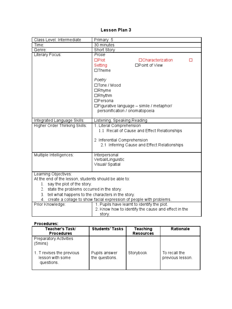 Lesson Plan 3: Prose | PDF | Reading Comprehension | Psychological Concepts